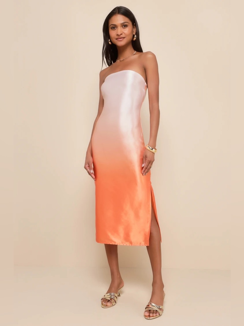 Lulu's Strapless Ombre Satin Dress in Blush to Coral